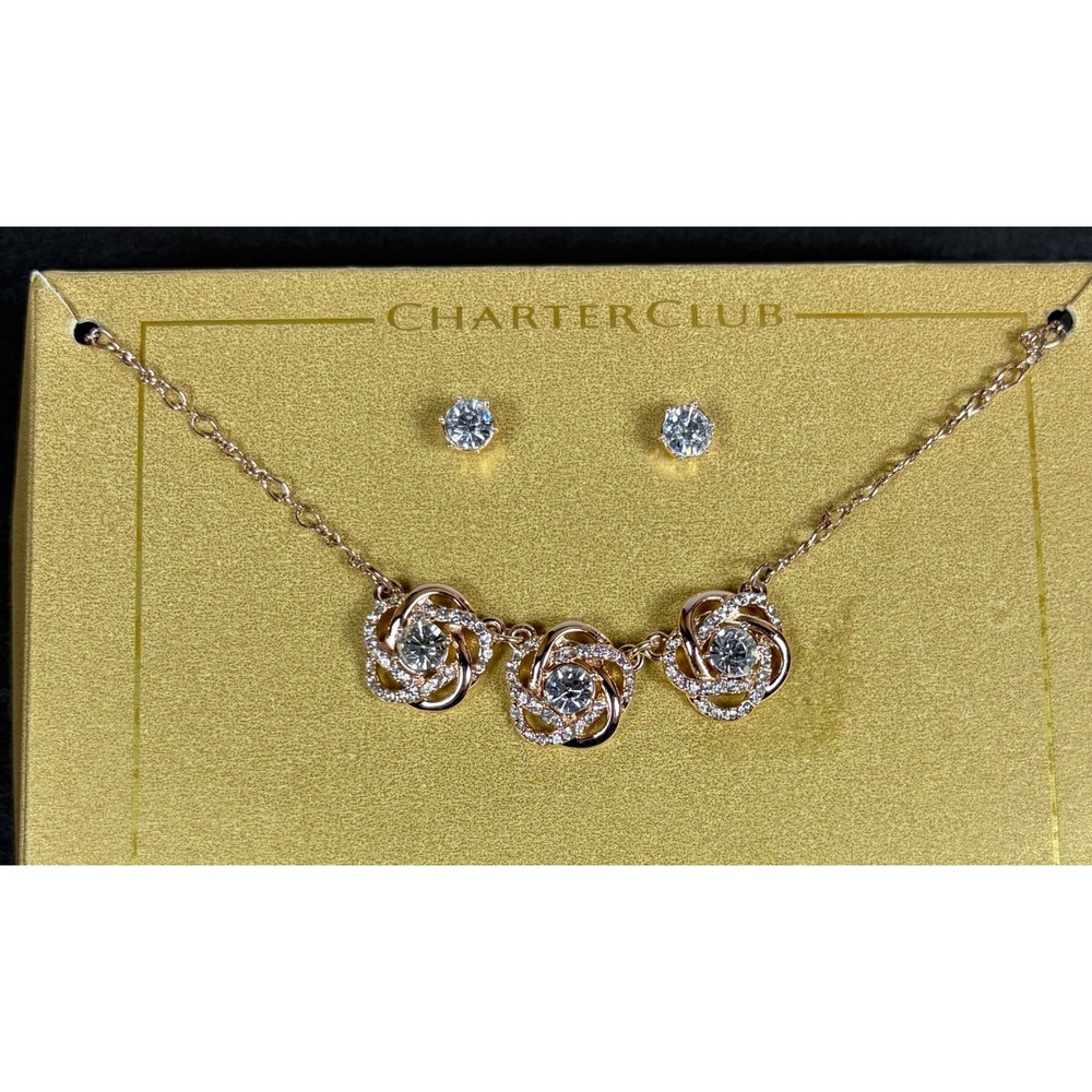 Vintage Charter Club Gold Tone Crystal Triple Knot Necklace and Stud Earring Set